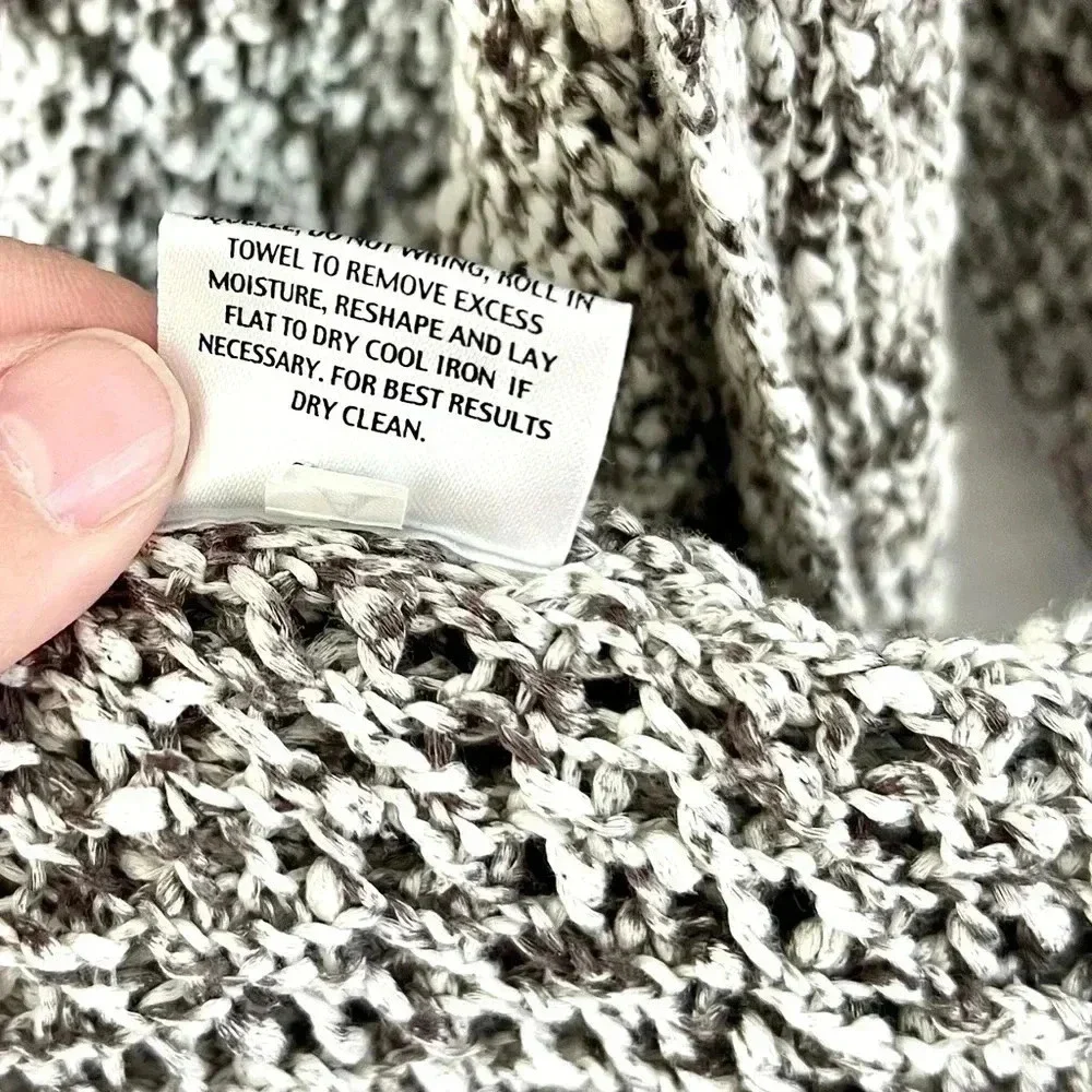 Eileen Fisher Grey & White Open Knit Drape Front Long Line Cotton Cardigan Large